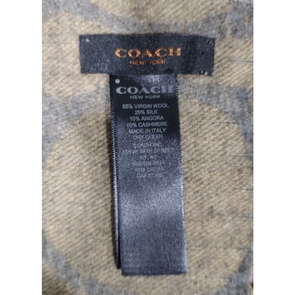 Coach Wool Blend Signature Scarf with Fringes, Beige and Gray - Picture 4 of 4